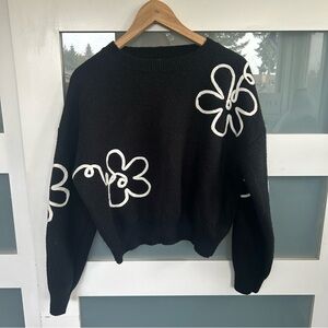 Cropped Black Sweater with White Floral Design